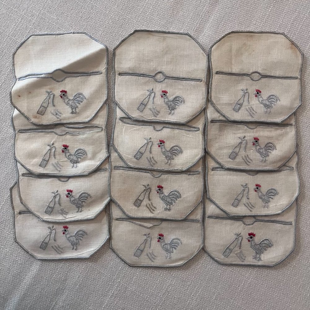 Vintage 1950's Rooster Linen Stemware Coaster Slippers (Set of 12)